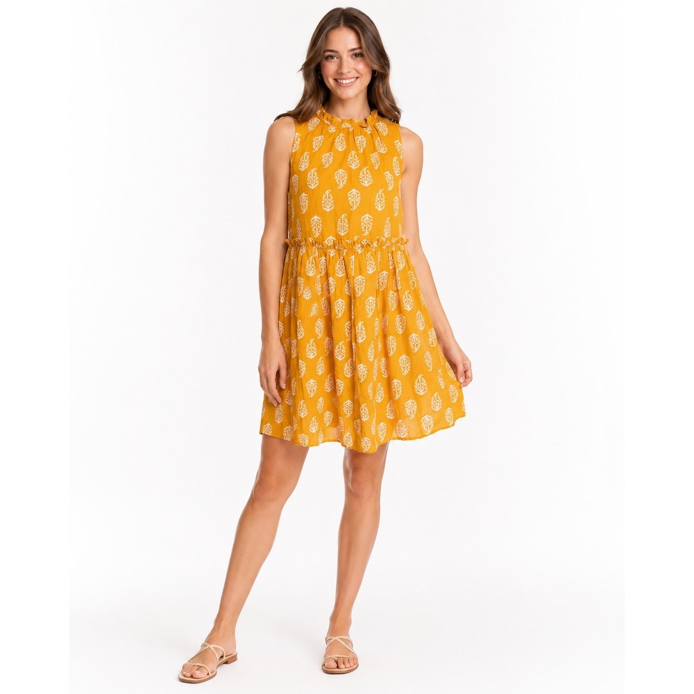 Lucky Mustard Yellow Ruffle Neck Sleeveless Block Print Mini Dress‎ Leaf Size S - Picture 2 of 13